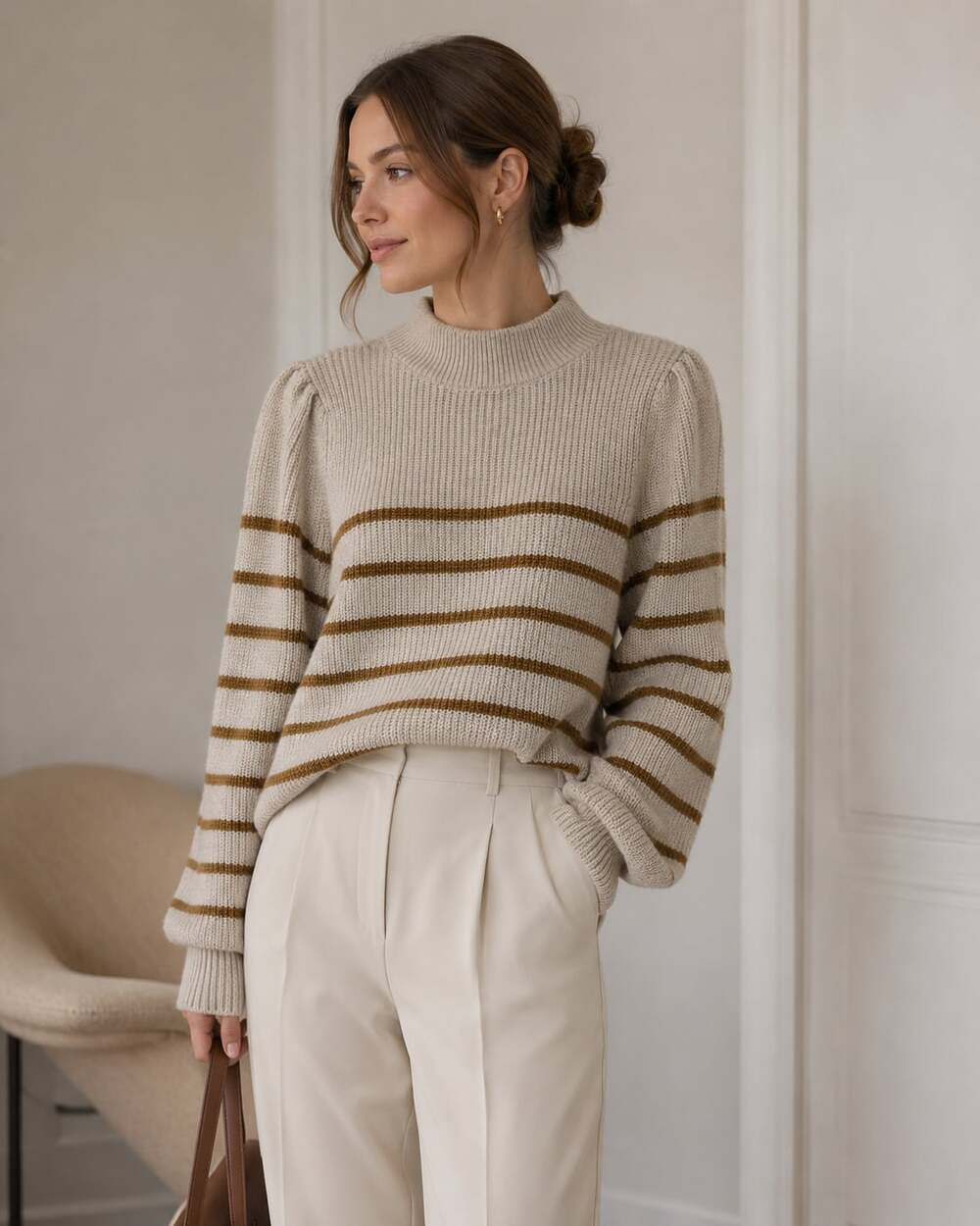 Garnet Hill Wool Linen Striped Puff Sleeve Mock Neck Sweater Medium Cozy - Picture 1 of 7